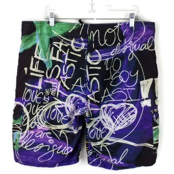 VTG Desigual Multicolor Graffiti Print Mesh Lined Long Length Swim Trunk Mens XL - Picture 12 of 16